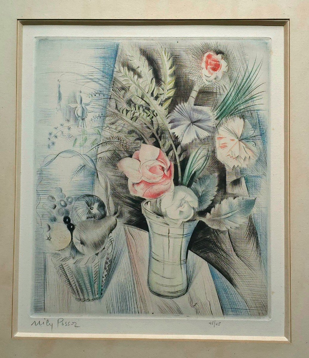 émilia Possoz (1888_1968) artiste Portugaise Bouquet De Fleurs Estampe Numérotée 