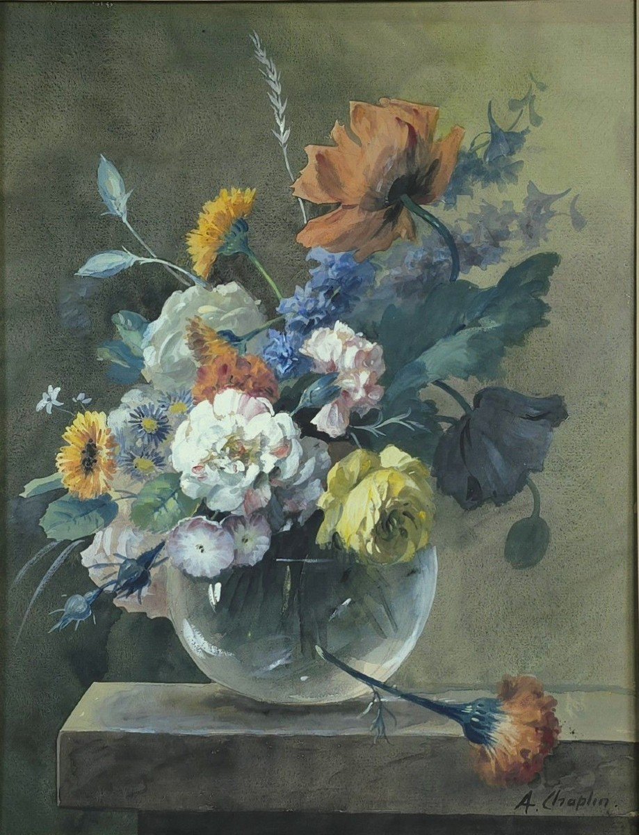  Arthur Charles Georges Chaplin( 1869-1935) Bouquet de fleurs aquarelle-photo-2