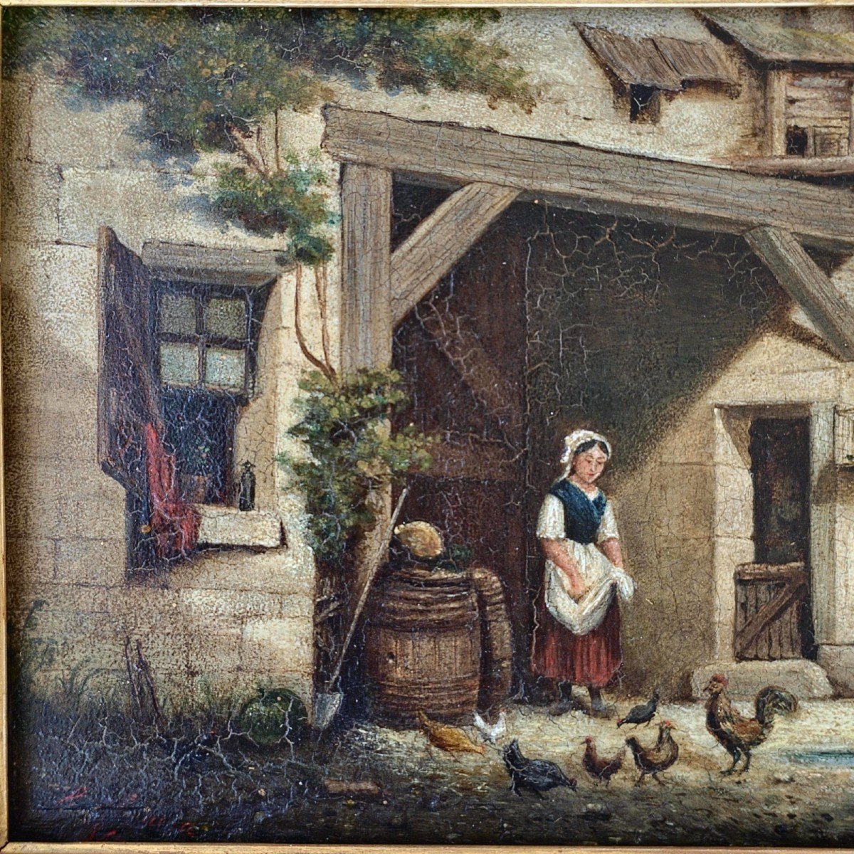 Farmyard Small Painting Late 19th Century-photo-2