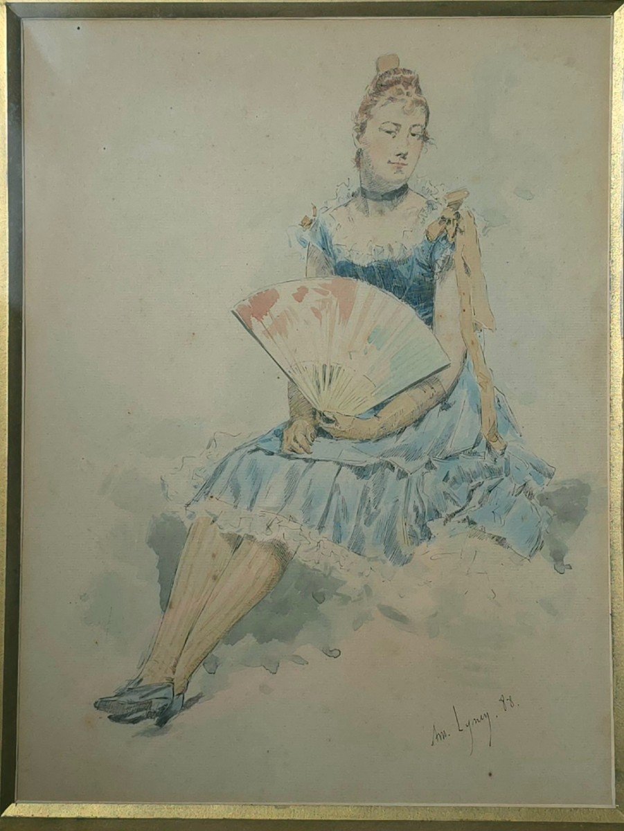 Amédée  Lynen Femme à  L’éventail 1888 aquarelle-photo-2