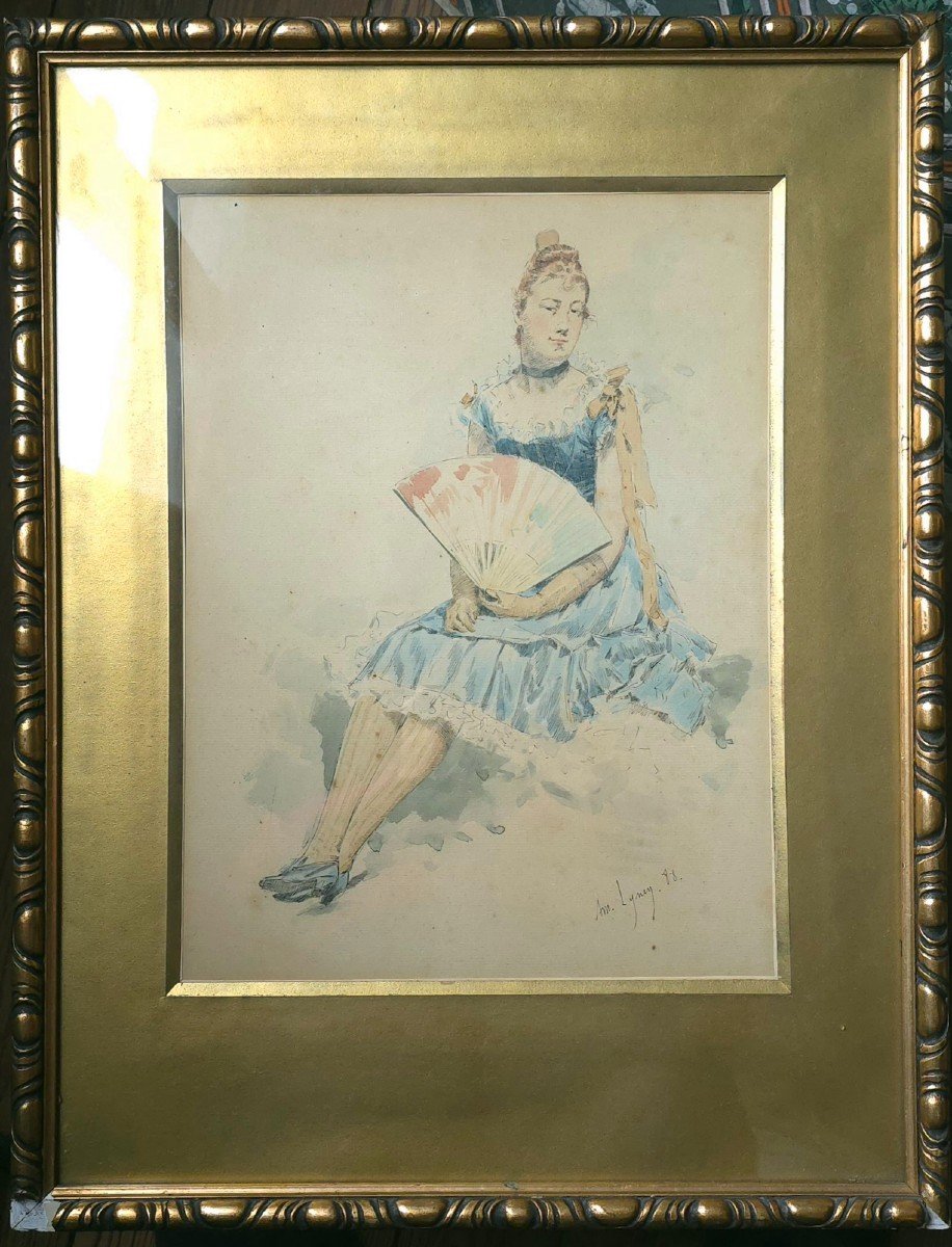 Amédée  Lynen Femme à  L’éventail 1888 aquarelle