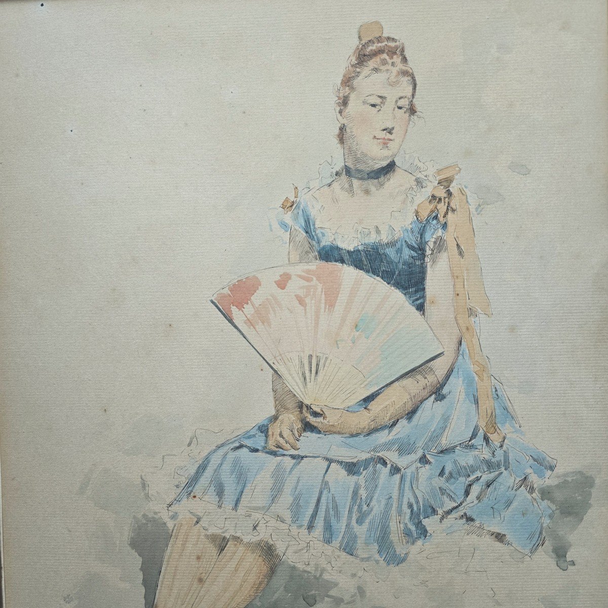 Amédée Lynen  1852 -1938 Femme à l'éventail Aquarelle Circa 1900-photo-1