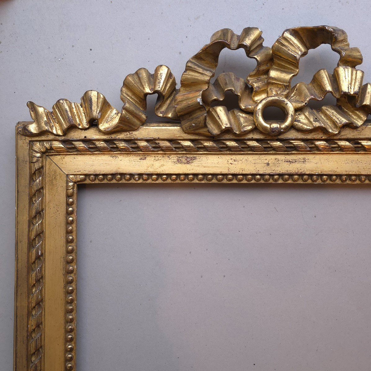 Large 19th Century Golden Frame Pediment Ribbon Knot Louis XVI Style-photo-2