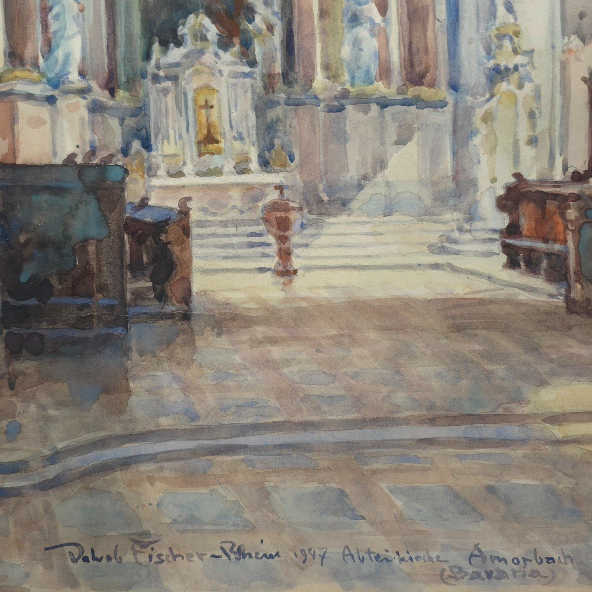 Amorbacher Cathedral Germany Watercolor Signed Fischer 1947-photo-2