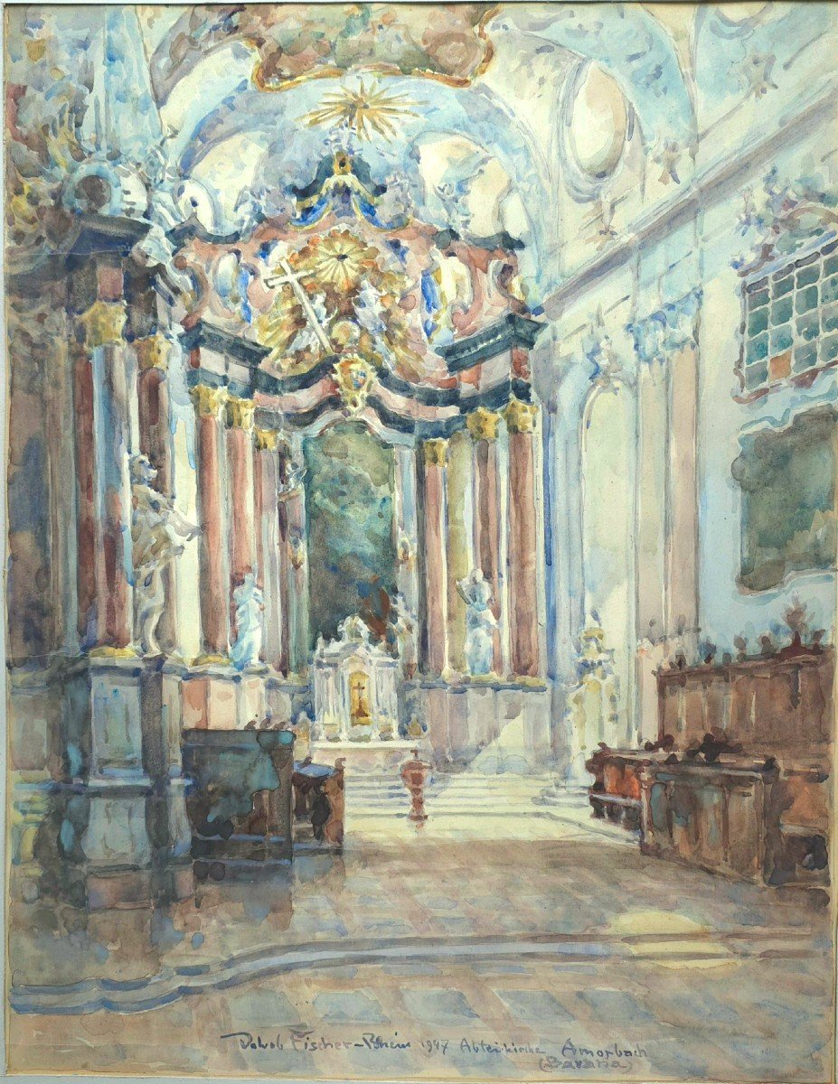 Amorbacher Cathedral Germany Watercolor Signed Fischer 1947