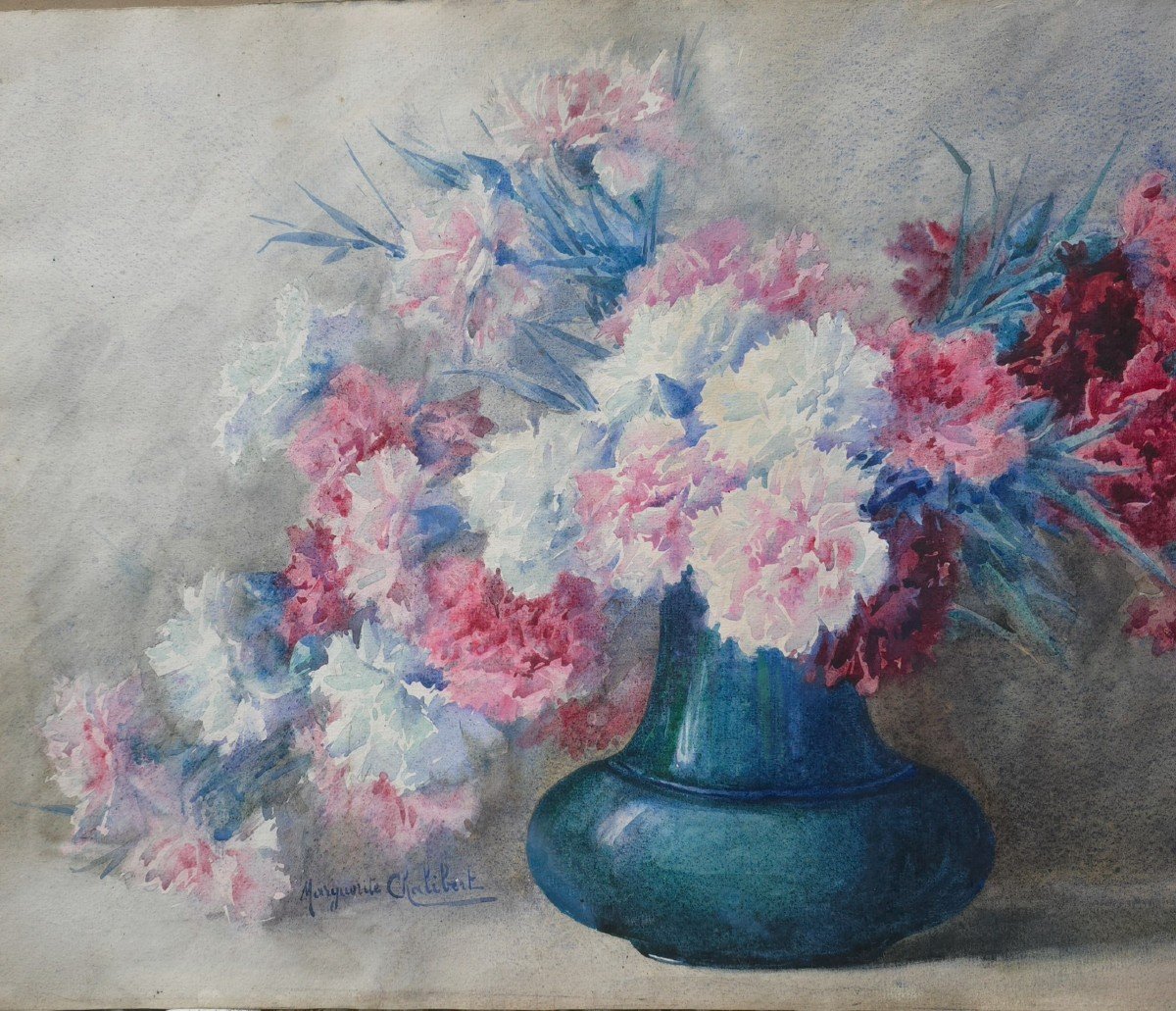 Marguerite Chalibert Bouquet Of Carnations Watercolor Art-deco 38 X 55 Cm-photo-2