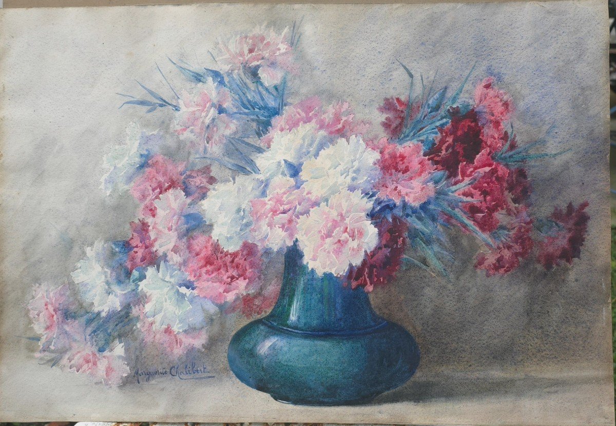 Marguerite Chalibert Bouquet Of Carnations Watercolor Art-deco 38 X 55 Cm