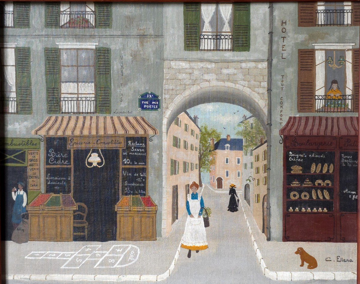 Claudine Ellena XXth The Street Of Poets In Paris Art- Naive 