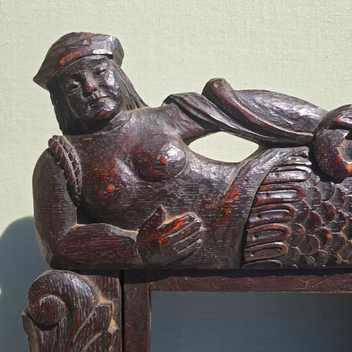 19th Century Carved Wood Marine Allegory Mermaid And Fish Normandy Or Brittany-photo-2