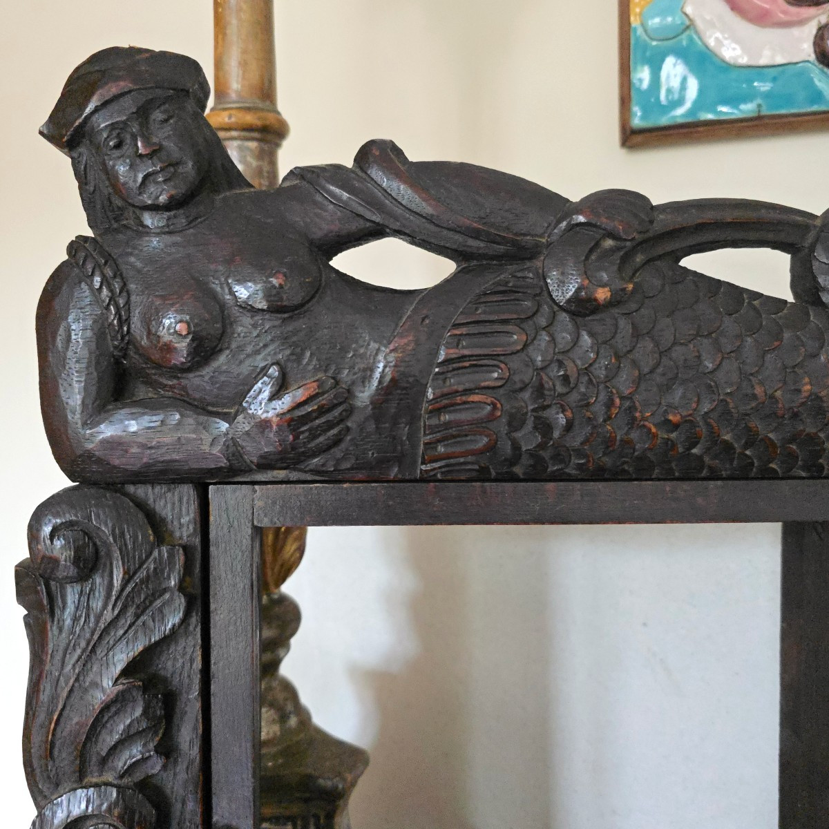 19th Century Carved Wood Marine Allegory Mermaid And Fish Normandy Or Brittany-photo-3