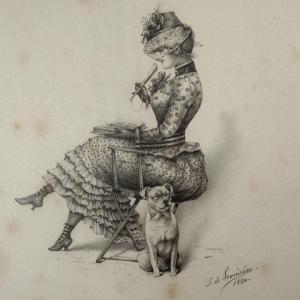 Elegant And  Dog Parisian L.de Prandières 1884 Drawing