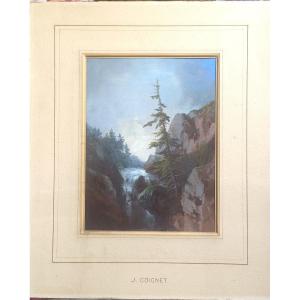 Jules Coignet (1789-1860) Cascade Montagne Suisse Pastel