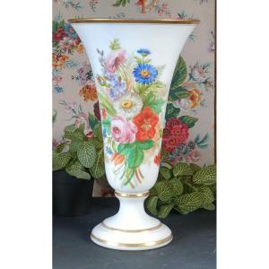 Large 19th Century Opaline Vase Floral Decor H: 39.5 Cm