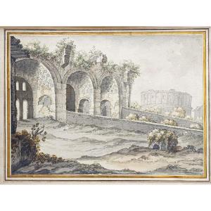 Nicolle Victor-jean (1754-1826) Vue Du Colisée Rome Aquarelle XVIIIe 21 X 29,5 Cm Signé