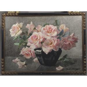 Ysabel Minoggio XIX-xxe Bouquet De Roses Aquarelle Art-déco