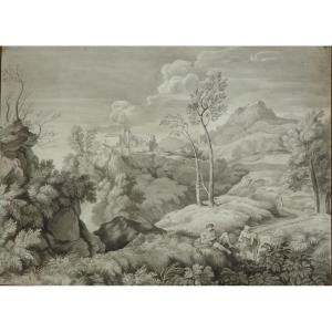 Paysage Animé Grand Dessin au lavis d'encre Fin XVIIIe Début XIXe  Feuille 46 x 62,5 cm