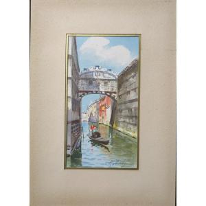 Roberti Venise  pont des soupirs Aquarelle Circa 1920