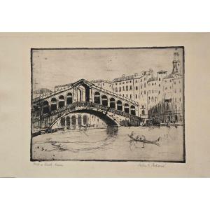 Milan Petrovic (1893 Serbie-1978) Pont Du Rialto Estampe Artiste Américain