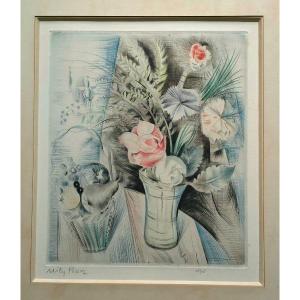 émilia Possoz (1888_1968) artiste Portugaise Bouquet De Fleurs Estampe Numérotée 