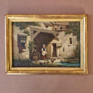 Farmyard Small Painting Late 19th Century