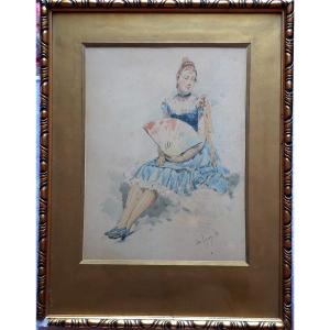 Amédée  Lynen Femme à  L’éventail 1888 aquarelle