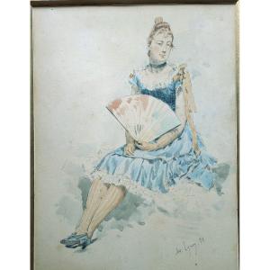 Amédée Lynen  1852 -1938 Femme à l'éventail Aquarelle Circa 1900