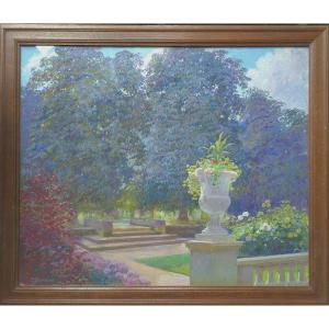 P.fontaine View Of The Park Large Watercolor Art-deco 