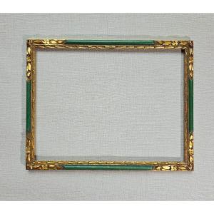 Petit Cadre Art-deco  Vert Et Doré Feuillure : 15 X 19,8 Cm