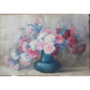 Marguerite Chalibert bouquet d’oeillets Aquarelle Art-deco 38 X 55 Cm