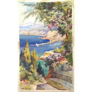 Ernest Louis Lessieux 1848-1925 Baie De Nice Riviera  Aquarelle : 25,5 X 15,5 Cm