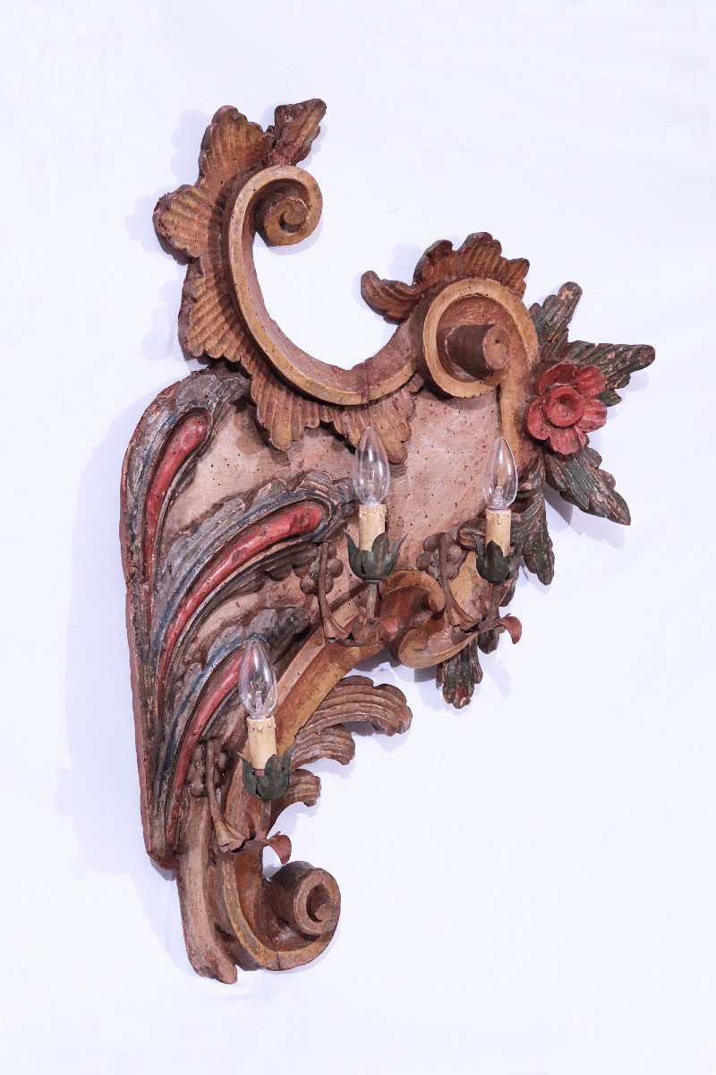 Lacquered Wooden Wall Sconce With Lights, Veneto, 18th Century -photo-2