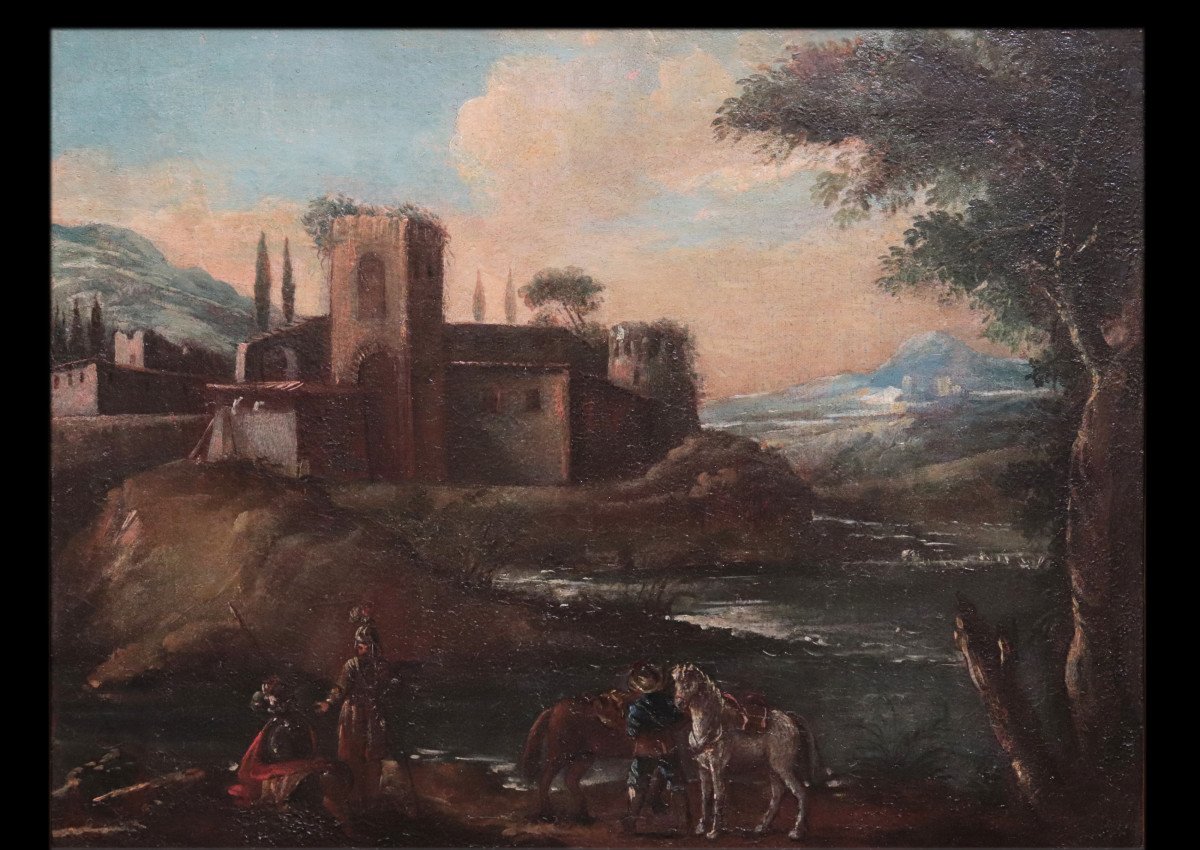 Peinture : Paysage Avec Personnages,18e Siècle-photo-2