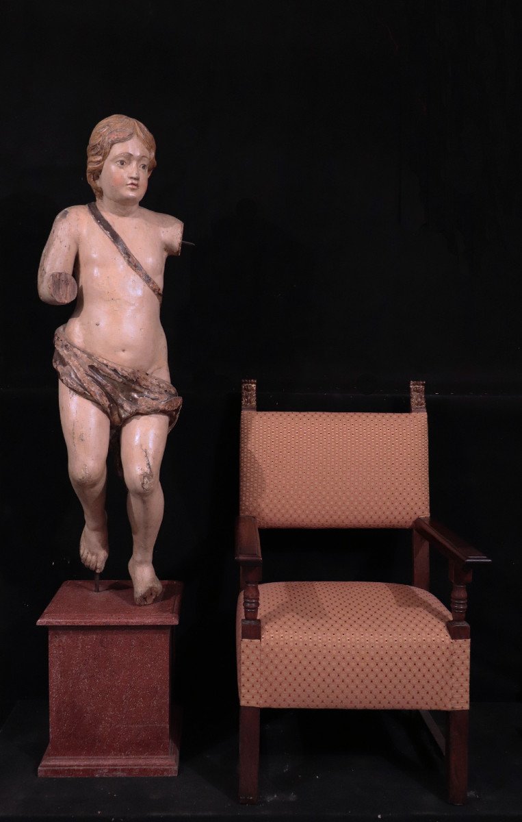 Grande Sculpture : Putto Polychrome, 17e Siècle-photo-2