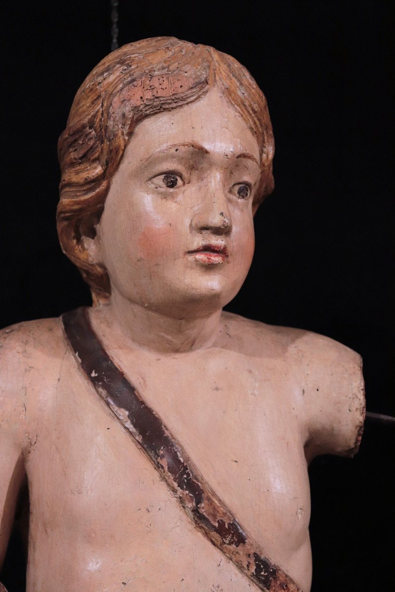 Grande Sculpture : Putto Polychrome, 17e Siècle-photo-2