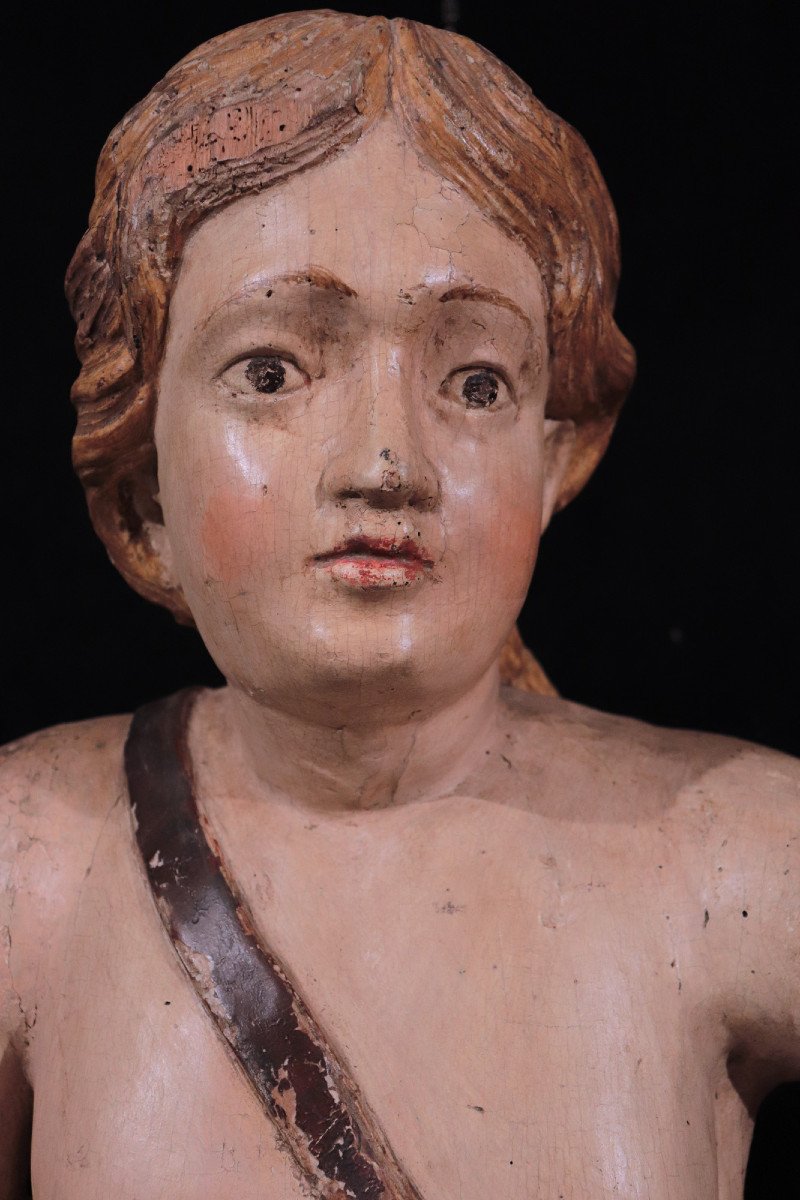 Grande Sculpture : Putto Polychrome, 17e Siècle-photo-3