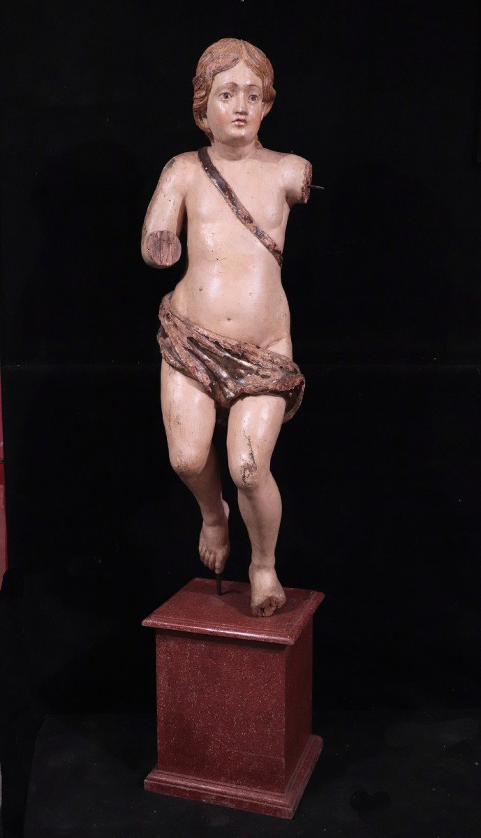 Grande Sculpture : Putto Polychrome, 17e Siècle