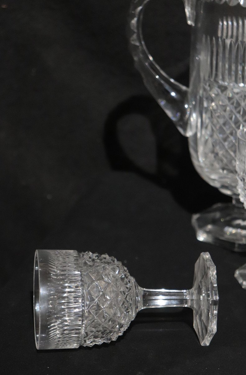 Ensemble 10 Verres, Carafe Et Décanteur, Cristal, Années 1950-photo-3