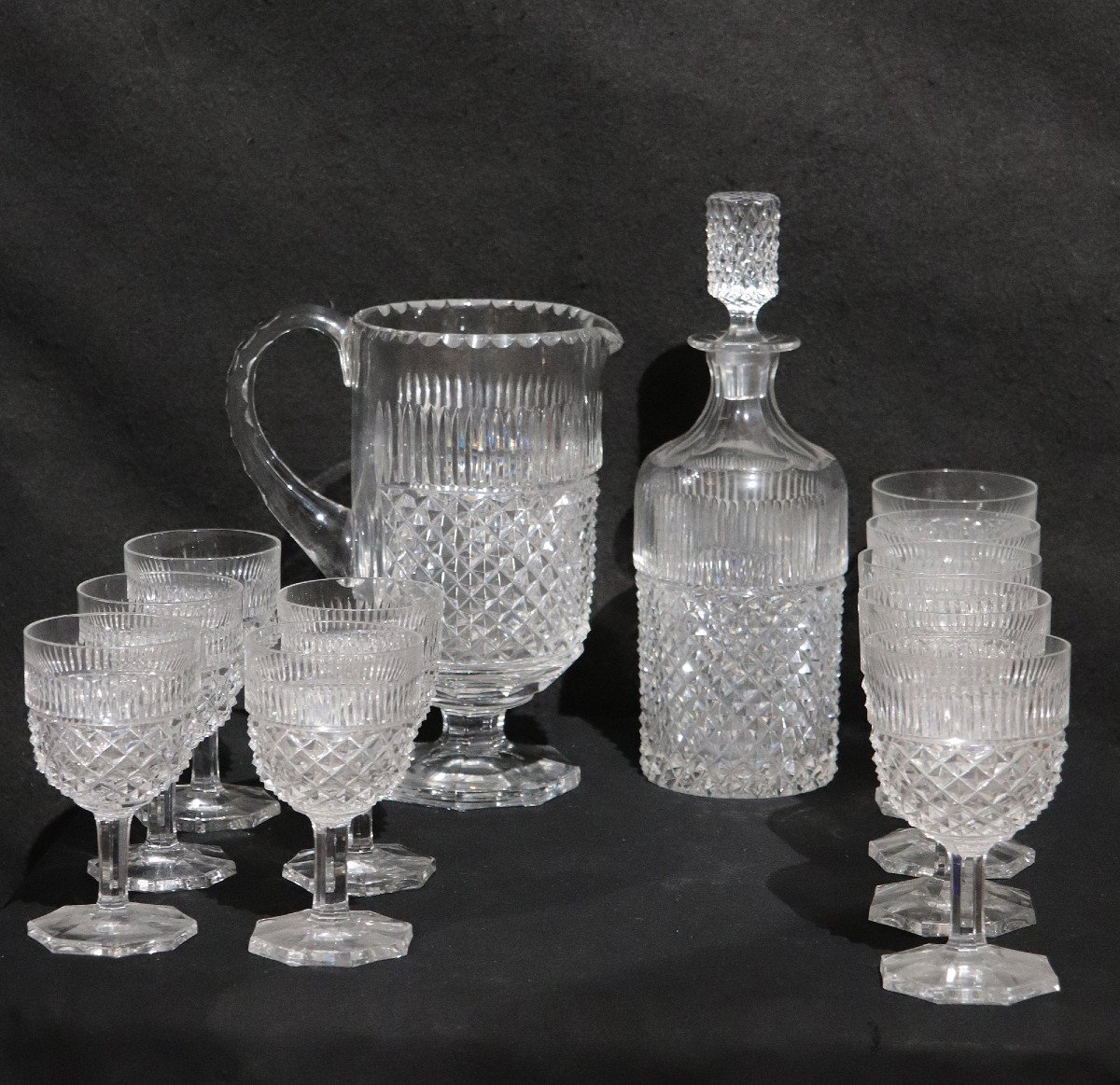 Ensemble 10 Verres, Carafe Et Décanteur, Cristal, Années 1950