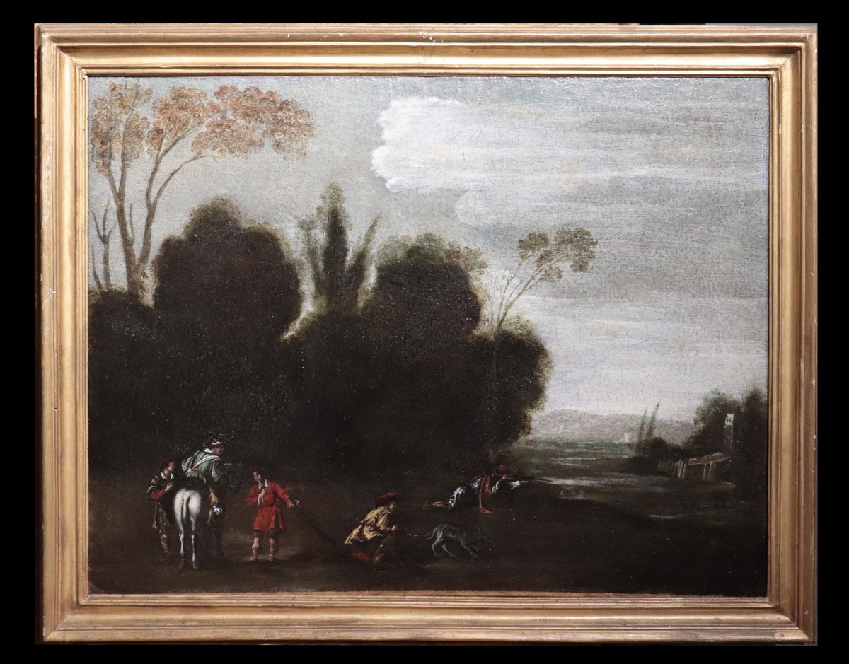 Oil Painting On Canvas: ‘hunting Scene’, Rome, 18th Cent.