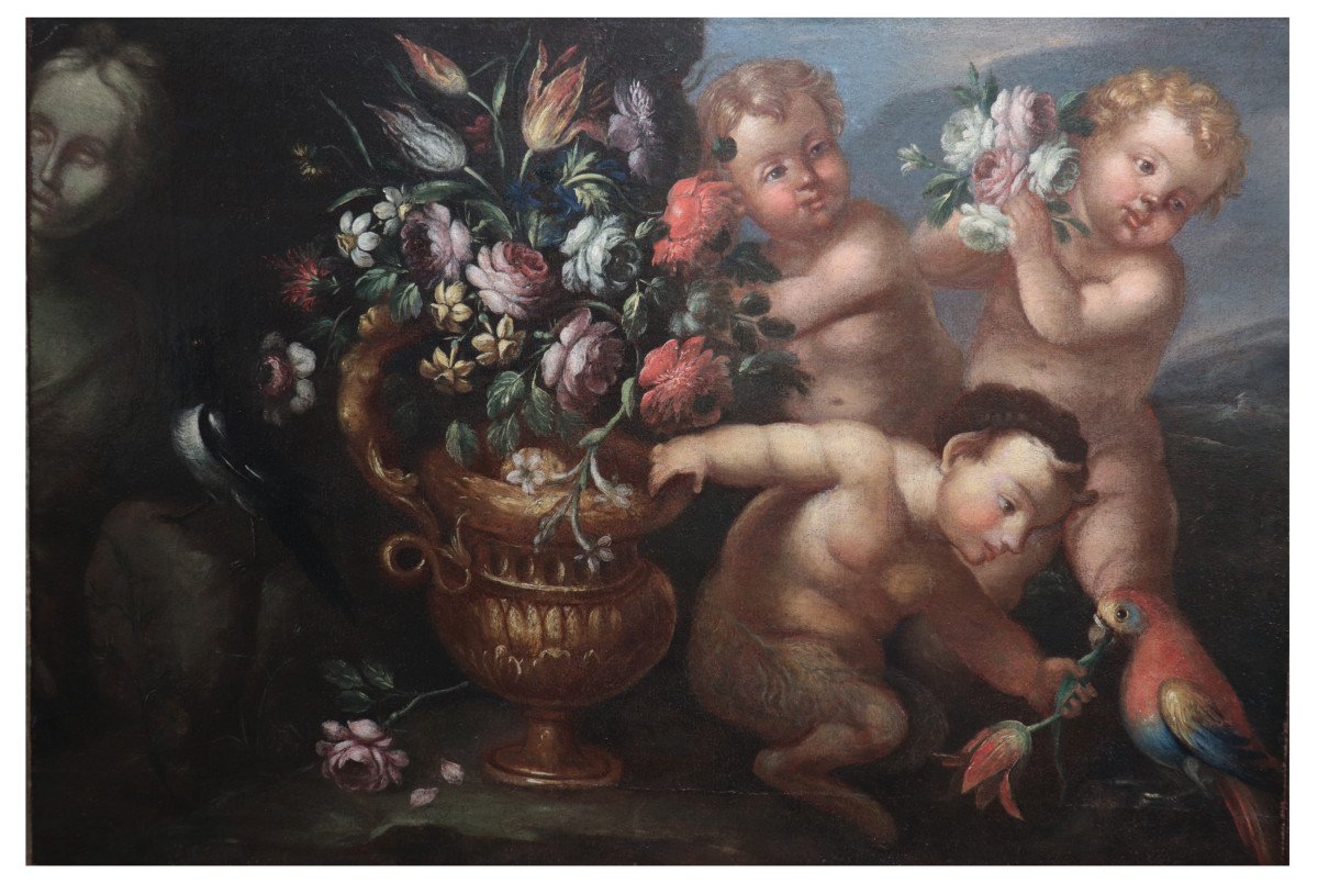 Still Life With Putti And Flowers, Rome, Late 17th Century-photo-2