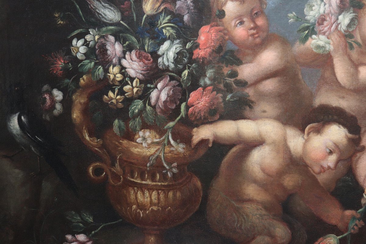 Still Life With Putti And Flowers, Rome, Late 17th Century-photo-4