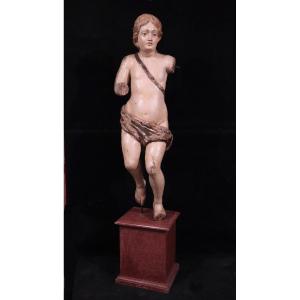 Grande Sculpture : Putto Polychrome, 17e Siècle