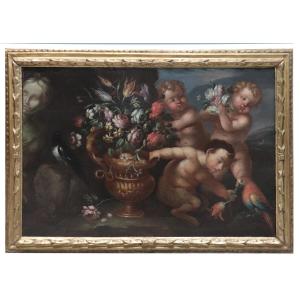 Nature Morte Aux Putti Et Aux Fleurs, Rome, Fin Du 17e Siècle