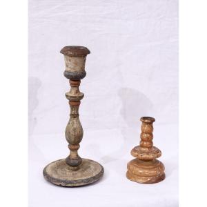 2 Lacquered Candlesticks, Tuscany, 17th Century