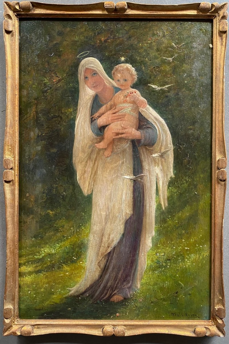 "virgin And Child" Beautiful Oil On Panel By Lionel Royer 1852 - 1926 Signed Lower Right