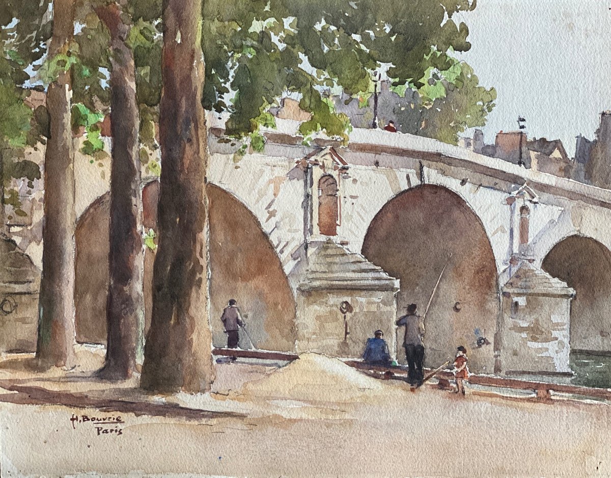 Paris Le Pont Marie Les Quais Les Pêcheurs Oeuvre De l'Aquarelliste Henri Bouvrie 1896 1973