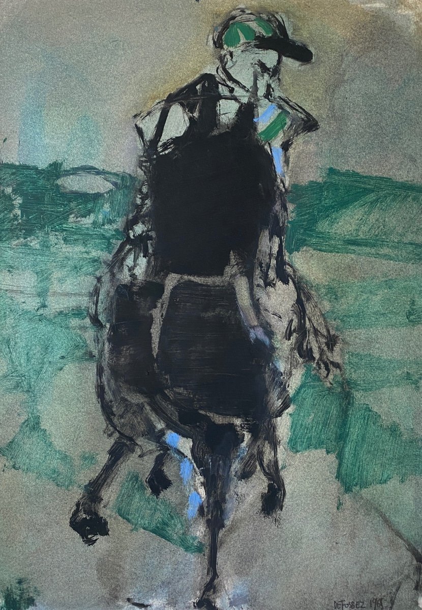 Defossez  né 1932 Gouache 54cm X38cm  "jockey Et Son Cheval" Daté 1965 Signée En Bas à Droite