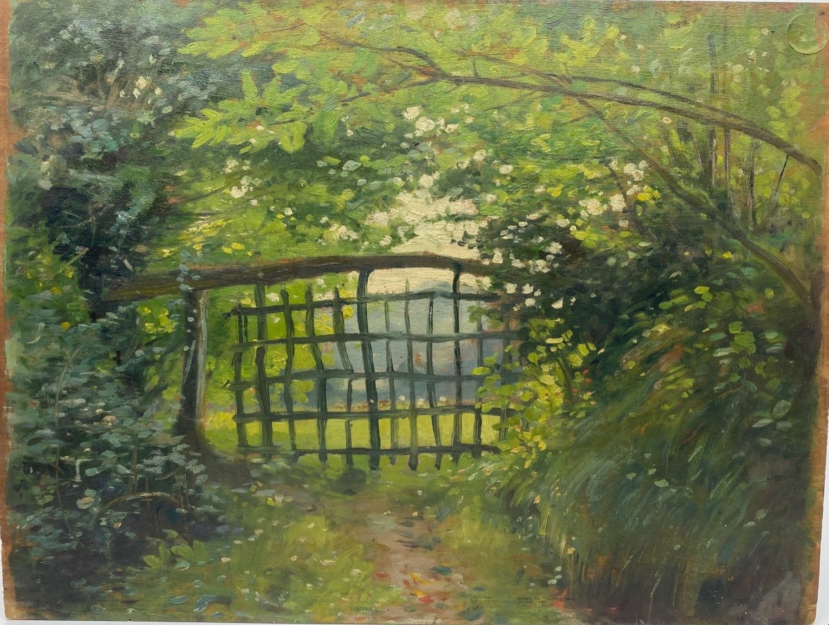 Huile De Jules Alfred Herve  Mathe 1868 1953 Barrière En Campagne à Rouillon Près Du Mans 