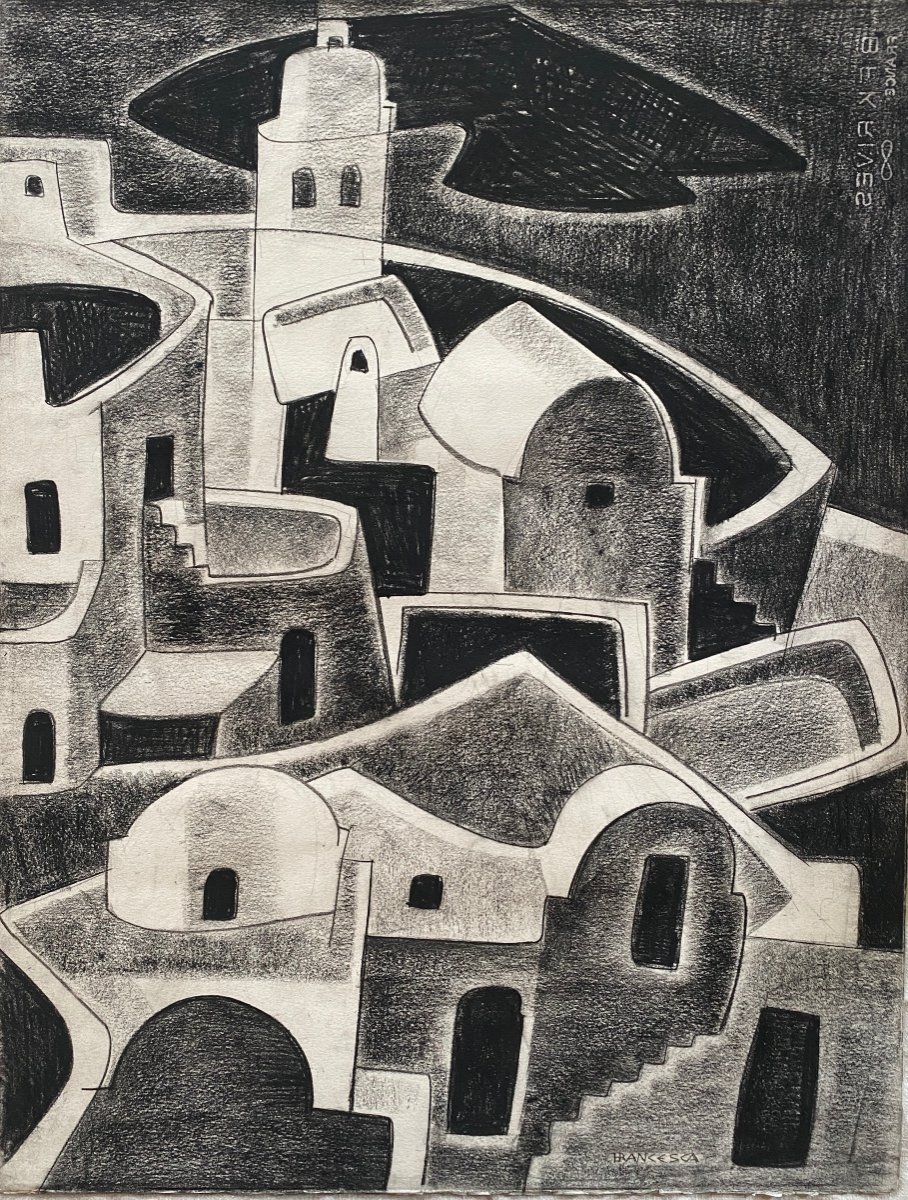 Work By Francesca Guerrier 1926 2011 Drawing Black Stone Santorini Greek Islands 65 X 50cm