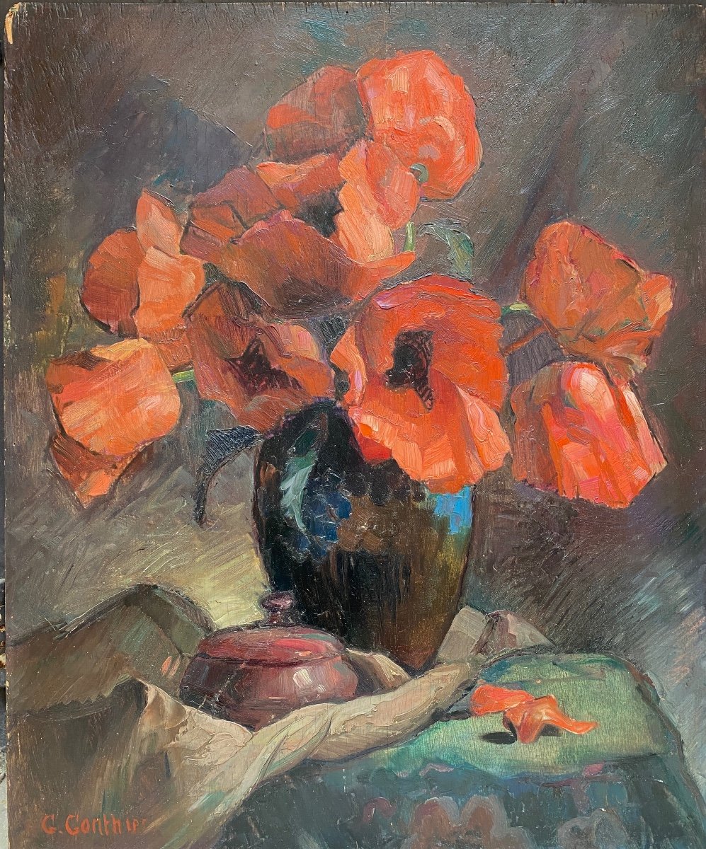 Oil On Wood By Georges Gonthier 1886 – 1969 - 61 X 50 Cm Bouquet Of Poppies Unframed 